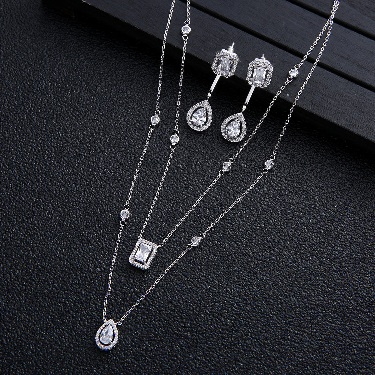 Zircon Double Drop Earrings Necklace Bridal Set