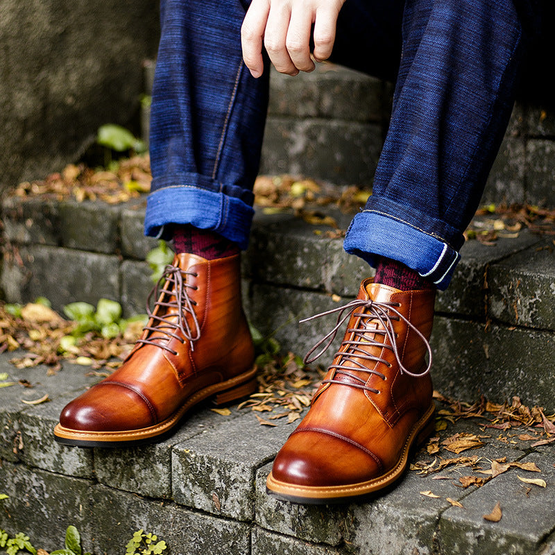 High-top lace-up men's casual leather boots