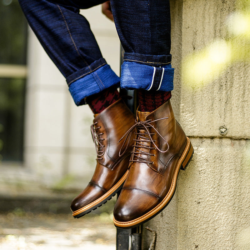High-top lace-up men's casual leather boots