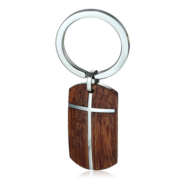 Stainless Steel Rosewood Cross Keychain
