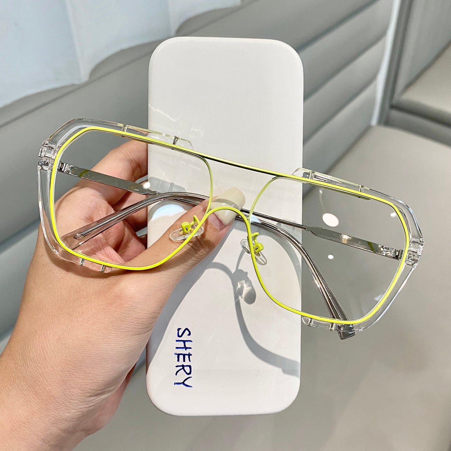 One-Piece Big Frame Square Sunglasses Female Yellow Sunglasses For Men Driving Uv Protection