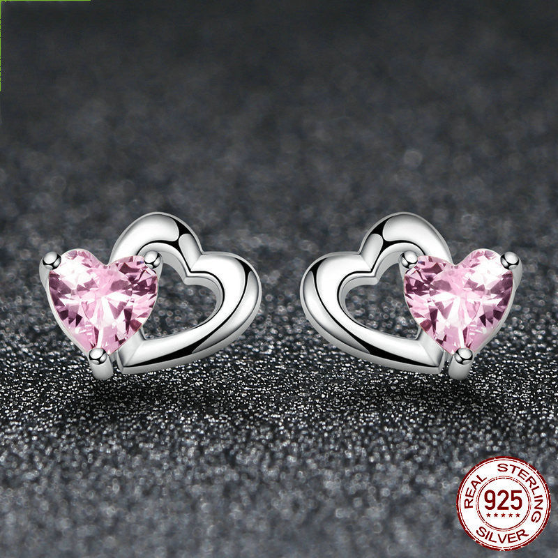 Sterling silver s925 heart-shaped zircon earrings