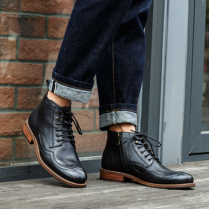 Men's High-top Short Boots Casual Men's Top Layer Cowhide Round Toe Martin