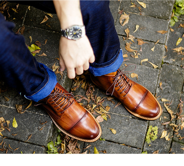 High-top lace-up men's casual leather boots