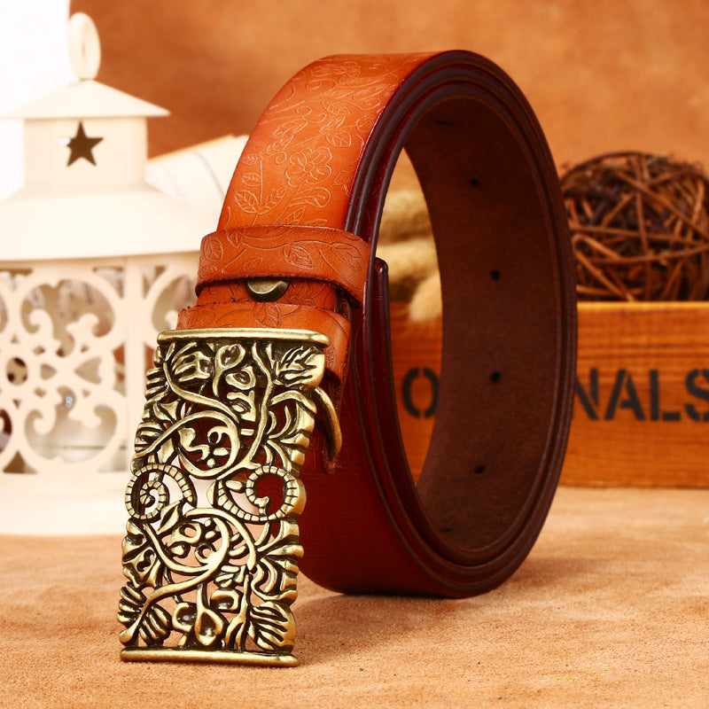 Ladies Leather Engraved With Hollow Buckle Printed Cowhide Belt