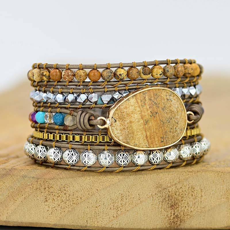 5-layer Egg-shaped Natural Picture Stone Cowhide Bracelet