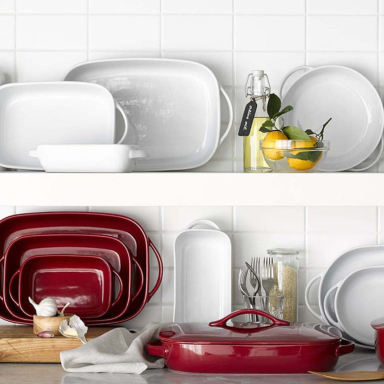 Elliptical creative ceramics binaural dish high soup pan home baked rice plate rectangular cheese cake tray