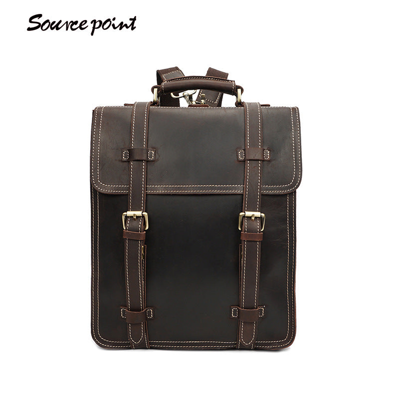 The source and retro Crazy Horse Backpack male leather backpack computer bag