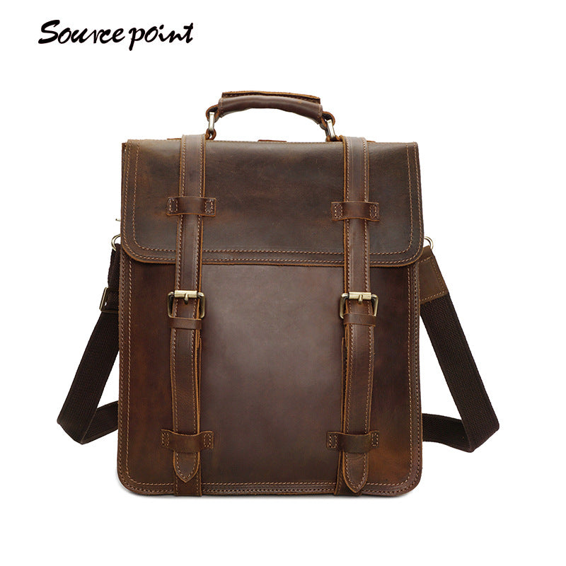 The source and retro Crazy Horse Backpack male leather backpack computer bag