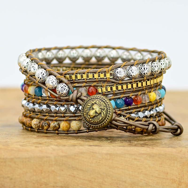 5-layer Egg-shaped Natural Picture Stone Cowhide Bracelet