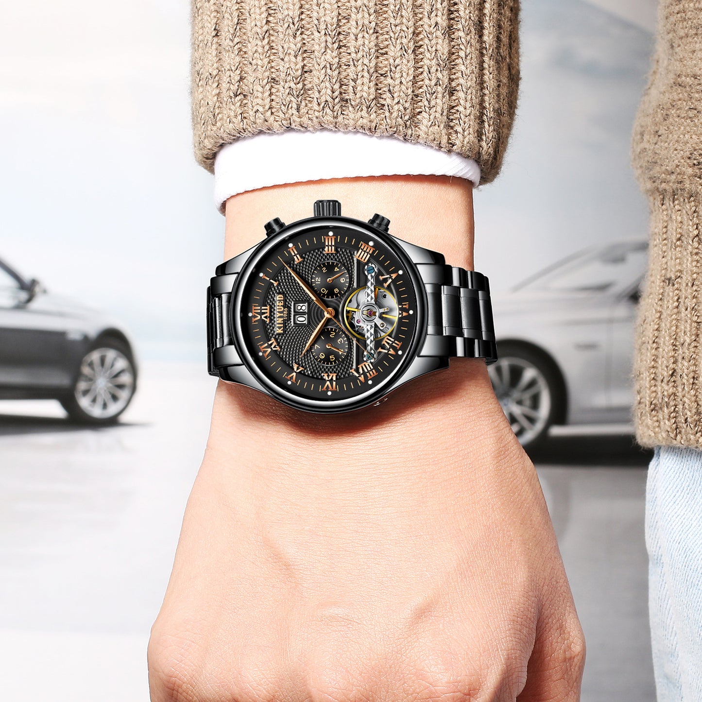 KINYUED Swiss Waterproof Black Tourbillon mechanical watch Automatic Mens Watch seeking agent