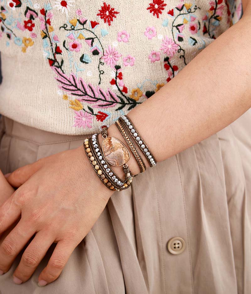5-layer Egg-shaped Natural Picture Stone Cowhide Bracelet