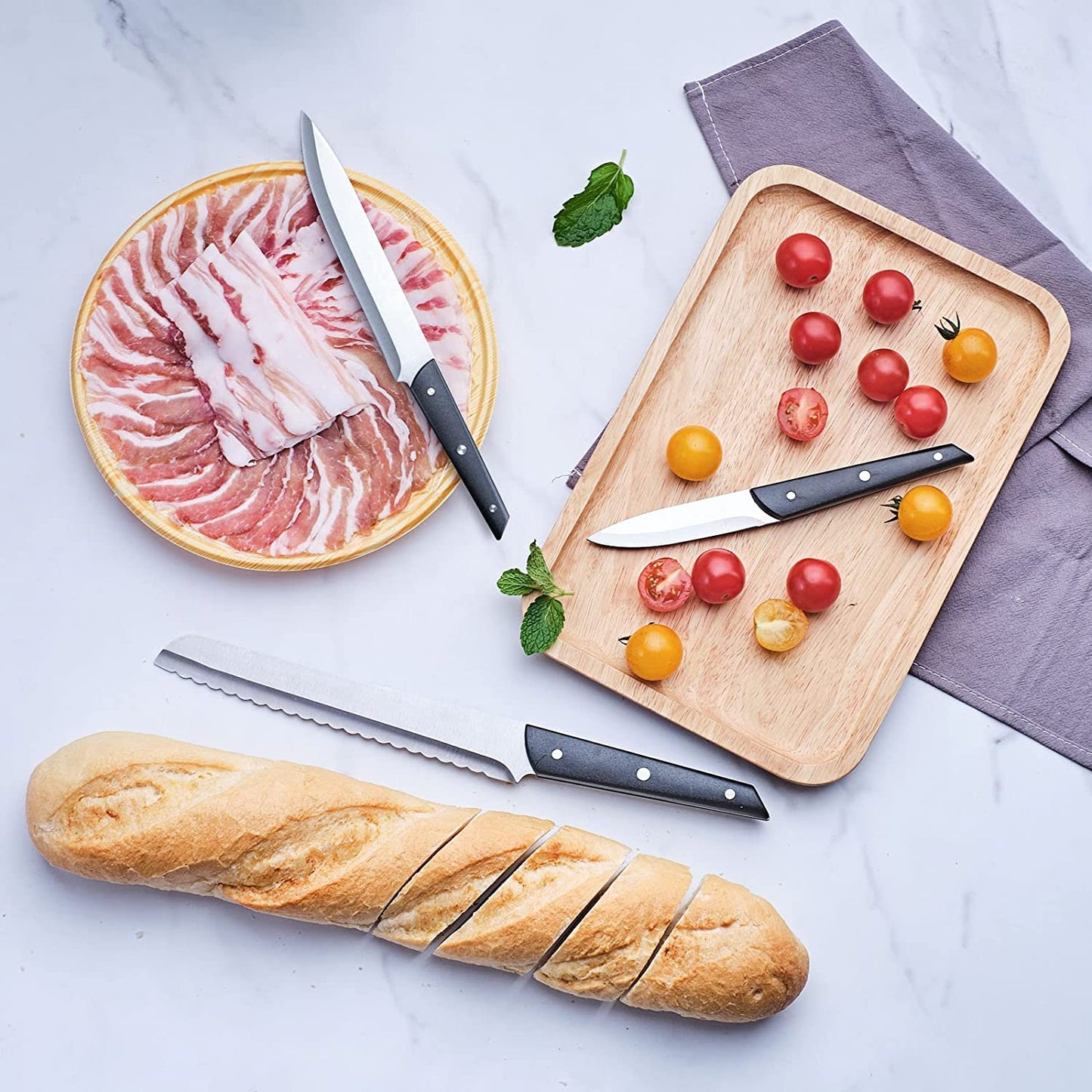 Knife Set With Block, LapEasy 15 Pieces Kitchen Knife Set With Pine Block Holder, Knife Block Set With Sharpener, High Stainless Steel Knives With Comfortable-Grip ABS Handles.