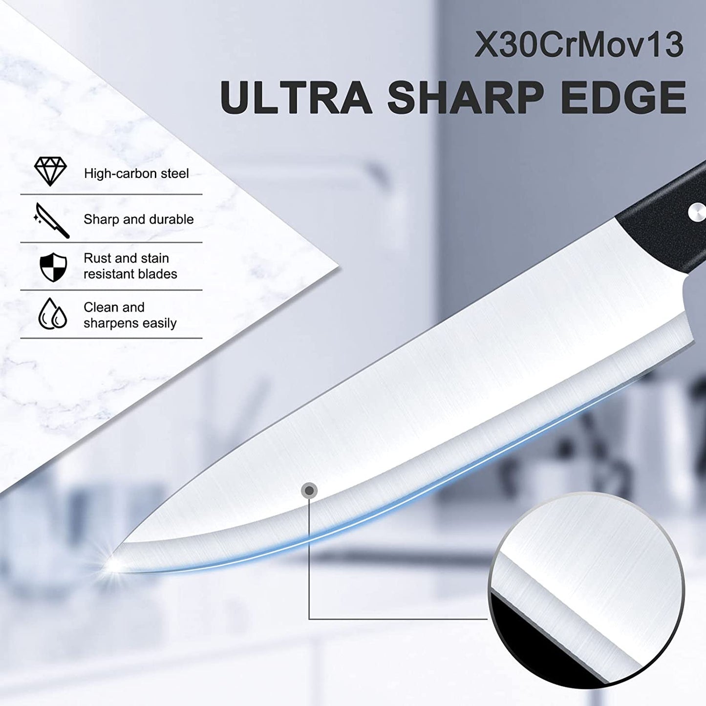 Knife Set With Block, LapEasy 15 Pieces Kitchen Knife Set With Pine Block Holder, Knife Block Set With Sharpener, High Stainless Steel Knives With Comfortable-Grip ABS Handles.