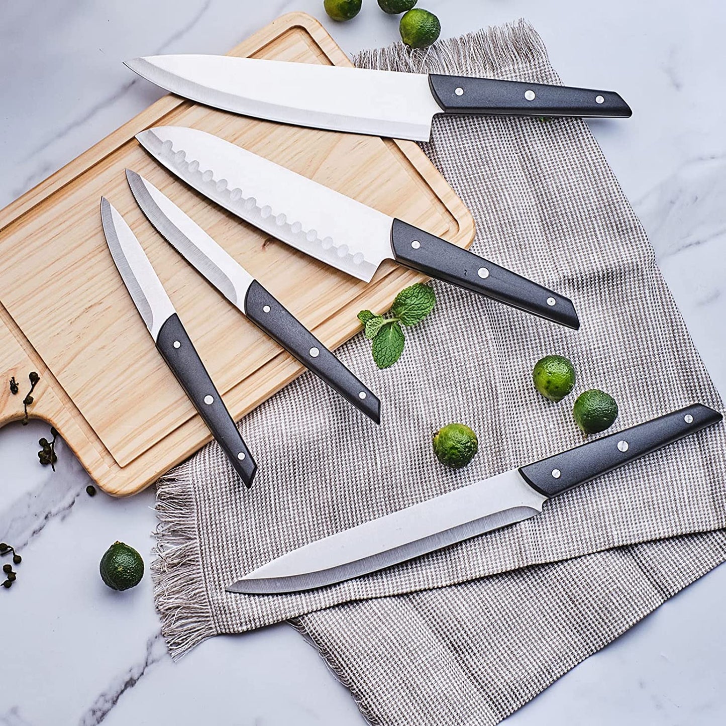 Knife Set With Block, LapEasy 15 Pieces Kitchen Knife Set With Pine Block Holder, Knife Block Set With Sharpener, High Stainless Steel Knives With Comfortable-Grip ABS Handles.