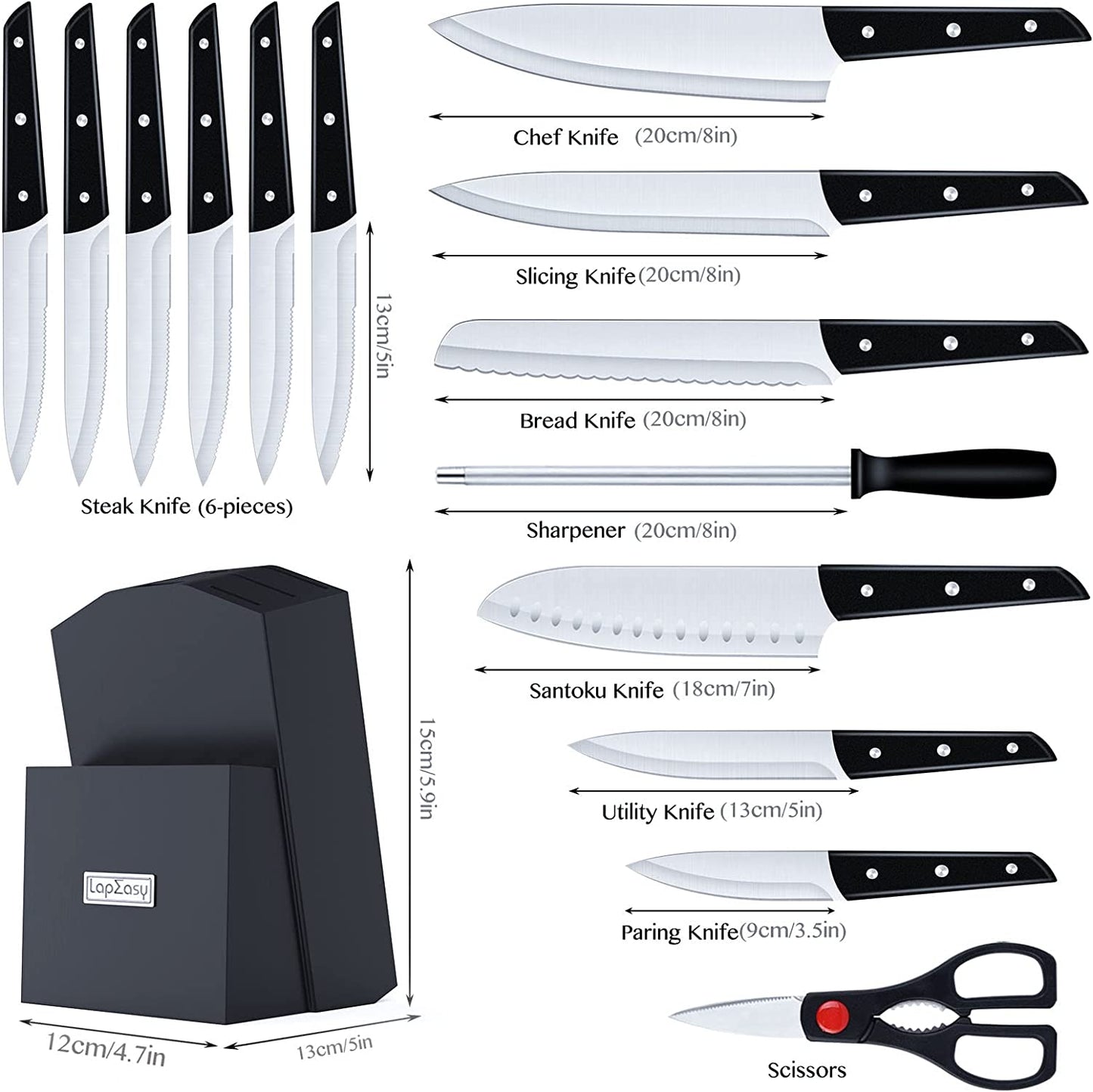 Knife Set With Block, LapEasy 15 Pieces Kitchen Knife Set With Pine Block Holder, Knife Block Set With Sharpener, High Stainless Steel Knives With Comfortable-Grip ABS Handles.