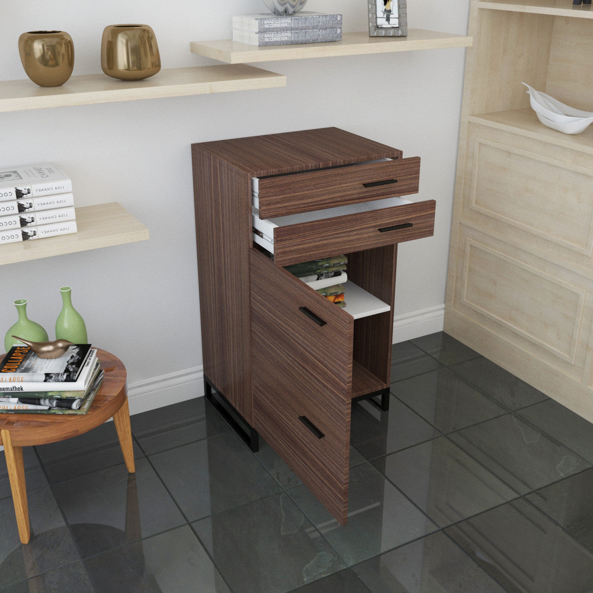 4-layer Retro Wooden File Cabinet For Office, Study, Bedroom Storage Cabinets