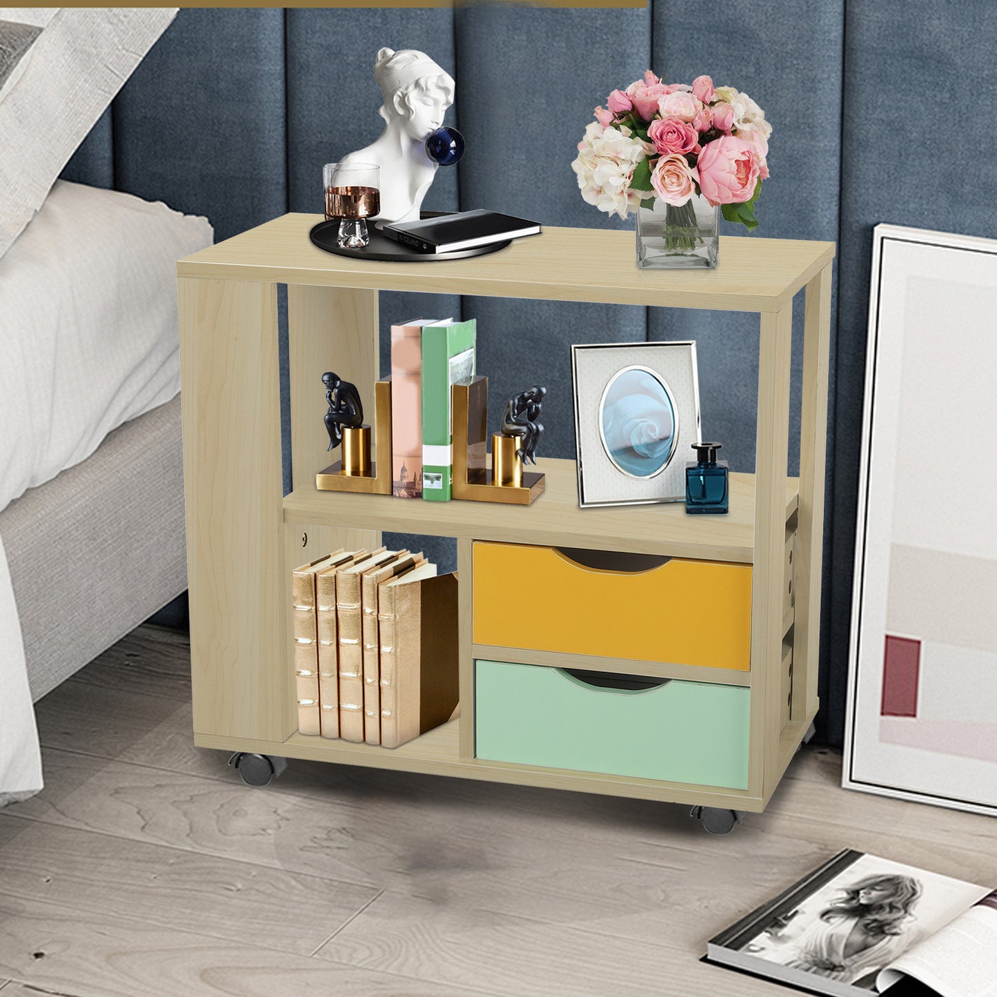 Bedroom End Table Bed Side Coffee Table Stand With Storage Shelf And 2 Draws