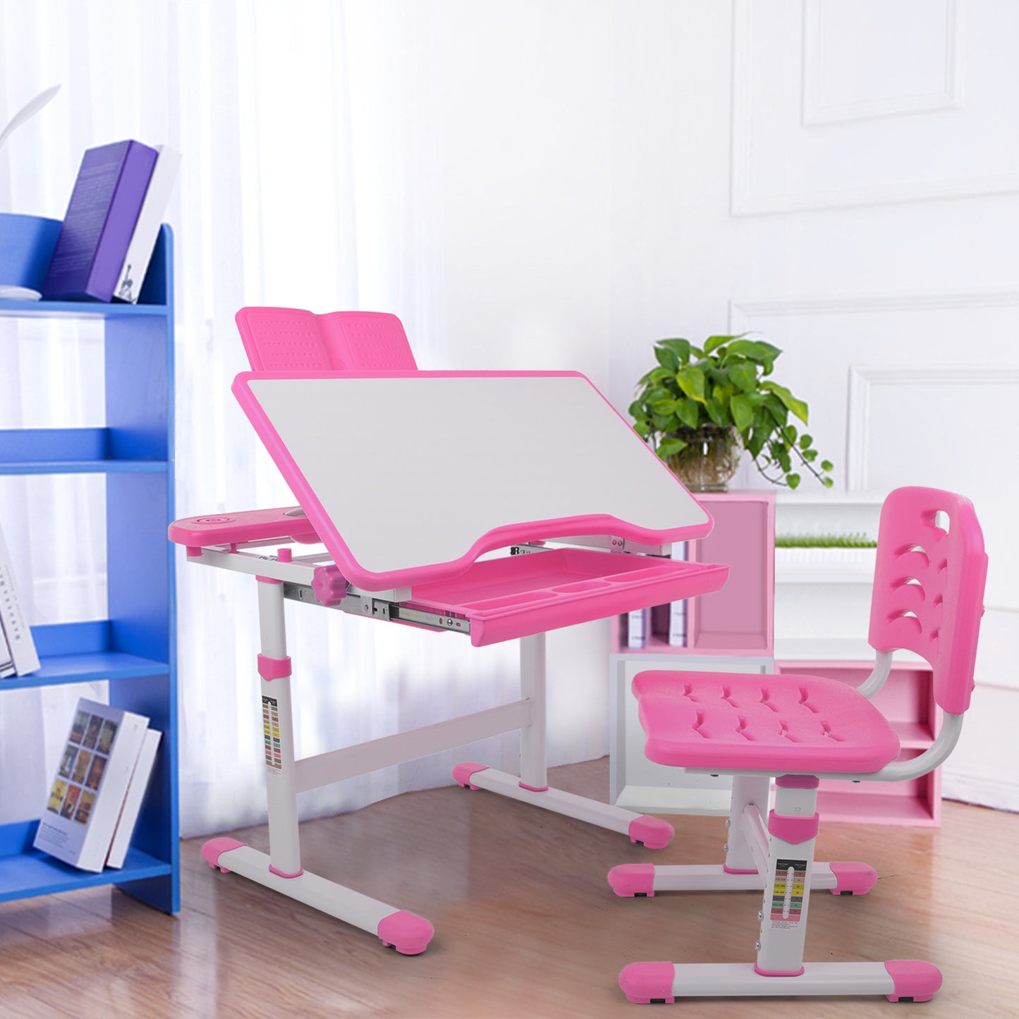 Height Adjustable Study Desk And Chair Set Pull Out Drawer With Tilted Desktop