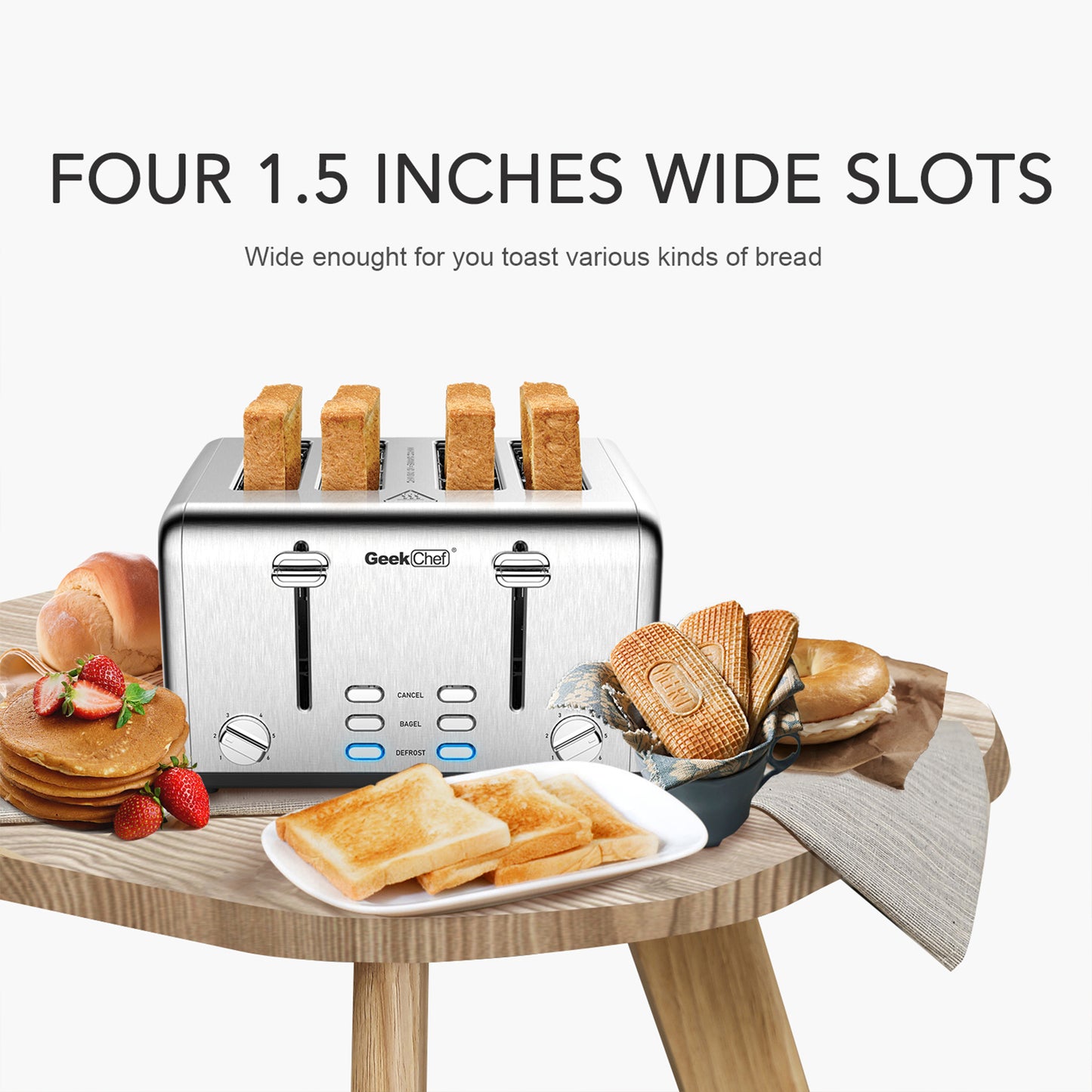 Toaster 4 Slice, Geek Chef Stainless Steel Extra-Wide Slot Toaster With Dual Control Panels Of Bagel,Defrost,Cancel Function,Ban Amazon