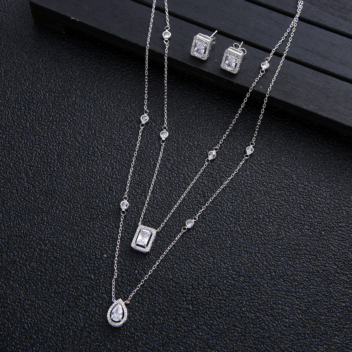 Zircon Double Drop Earrings Necklace Bridal Set