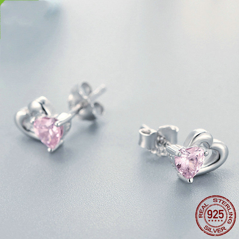 Sterling silver s925 heart-shaped zircon earrings