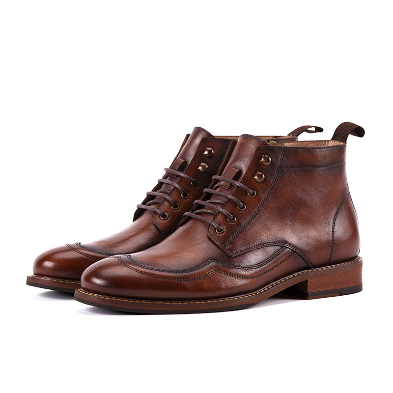 Men's High-top Short Boots Casual Men's Top Layer Cowhide Round Toe Martin