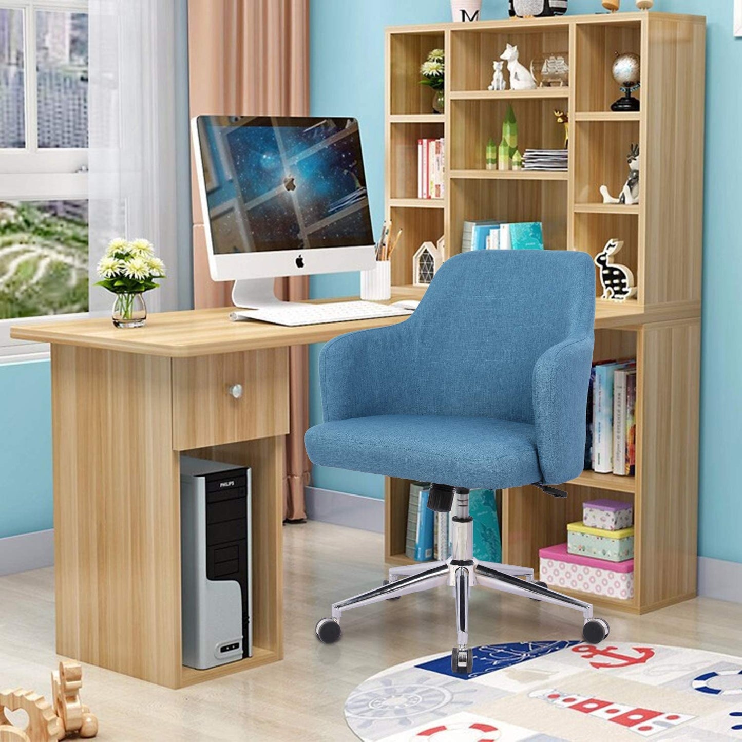 Home Office Chair Upholstered Mid Back Support Swivel Computer Desk Task Chairs Adjustable Height with Armrests