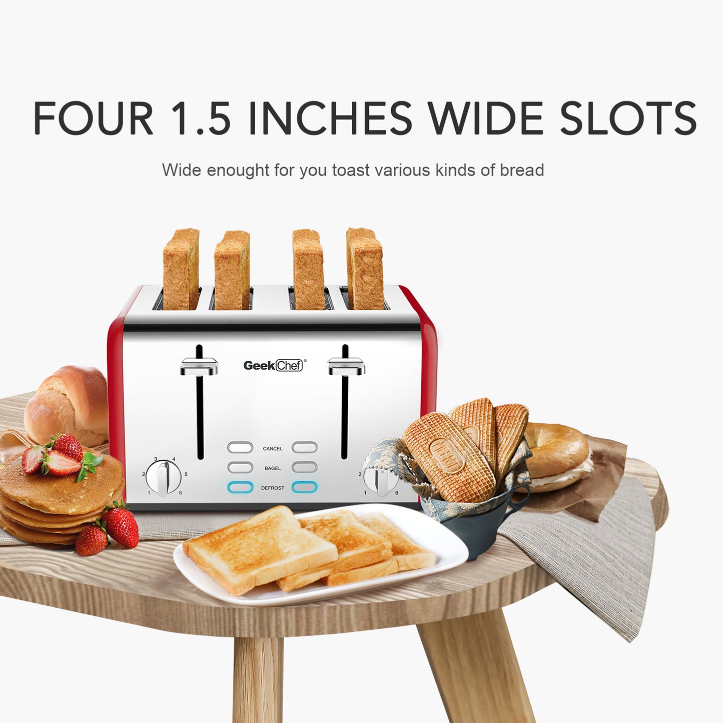 Toaster 4 Slices, Geek Chef Stainless Steel Extra-wide Slot Toaster, Dual Control Panel With Bagel,defrost ,cancel,Function,prohibition Of Listing On Amazon