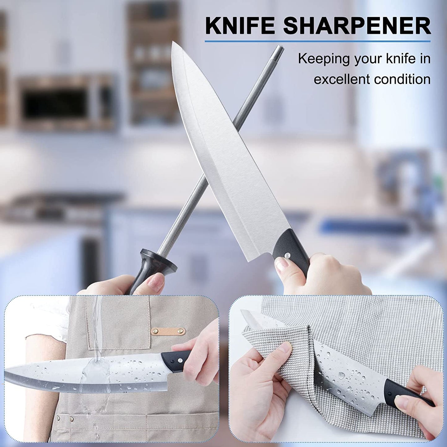 Knife Set With Block, LapEasy 15 Pieces Kitchen Knife Set With Pine Block Holder, Knife Block Set With Sharpener, High Stainless Steel Knives With Comfortable-Grip ABS Handles.