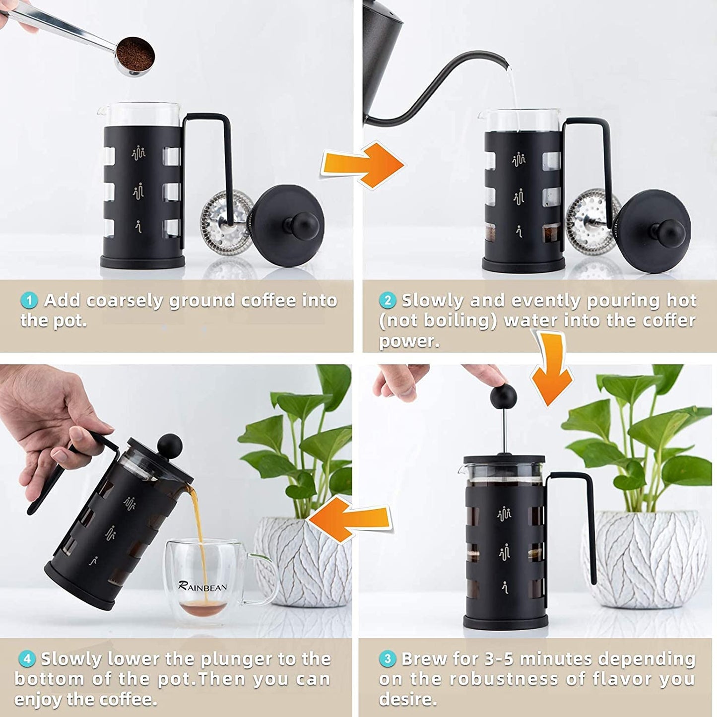 Stainless Steel Cafetiere 8 Cup, RAINBEAN French Press Coffee Maker Easy Cleaning Cafeteria, Double Walled Heat Resistant Borosilicate Glass Coffee Caffettiera, 1000ml /34 oz, Black, Amazon Banned