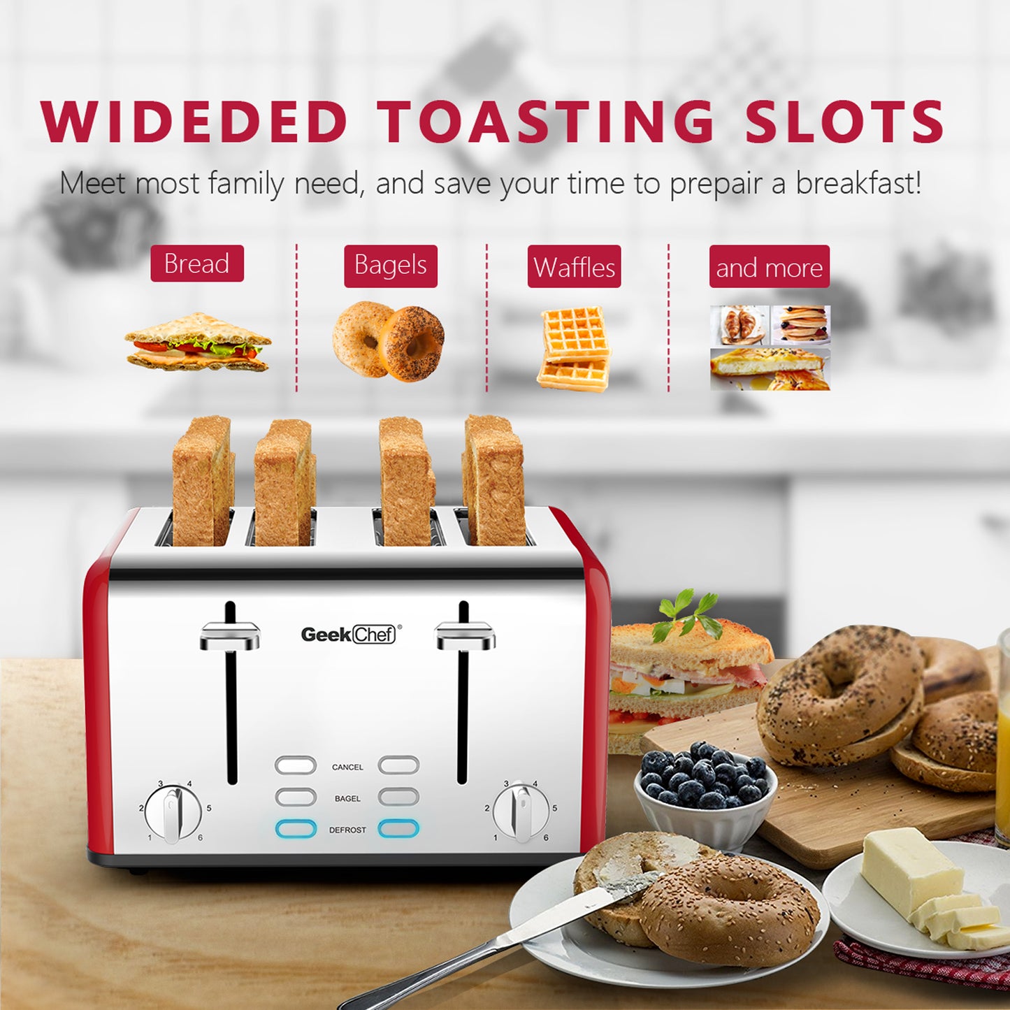 Toaster 4 Slices, Geek Chef Stainless Steel Extra-wide Slot Toaster, Dual Control Panel With Bagel,defrost ,cancel,Function,prohibition Of Listing On Amazon