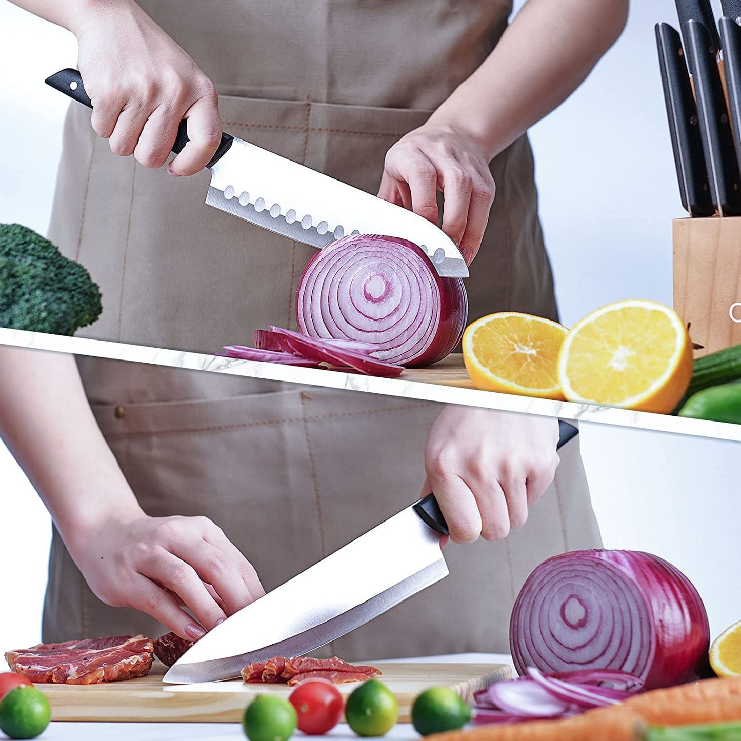 Knife Set With Block, LapEasy 15 Pieces Kitchen Knife Set With Pine Block Holder, Knife Block Set With Sharpener, High Stainless Steel Knives With Comfortable-Grip ABS Handles.