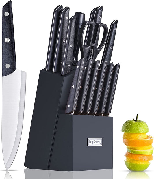 Knife Set With Block, LapEasy 15 Pieces Kitchen Knife Set With Pine Block Holder, Knife Block Set With Sharpener, High Stainless Steel Knives With Comfortable-Grip ABS Handles.