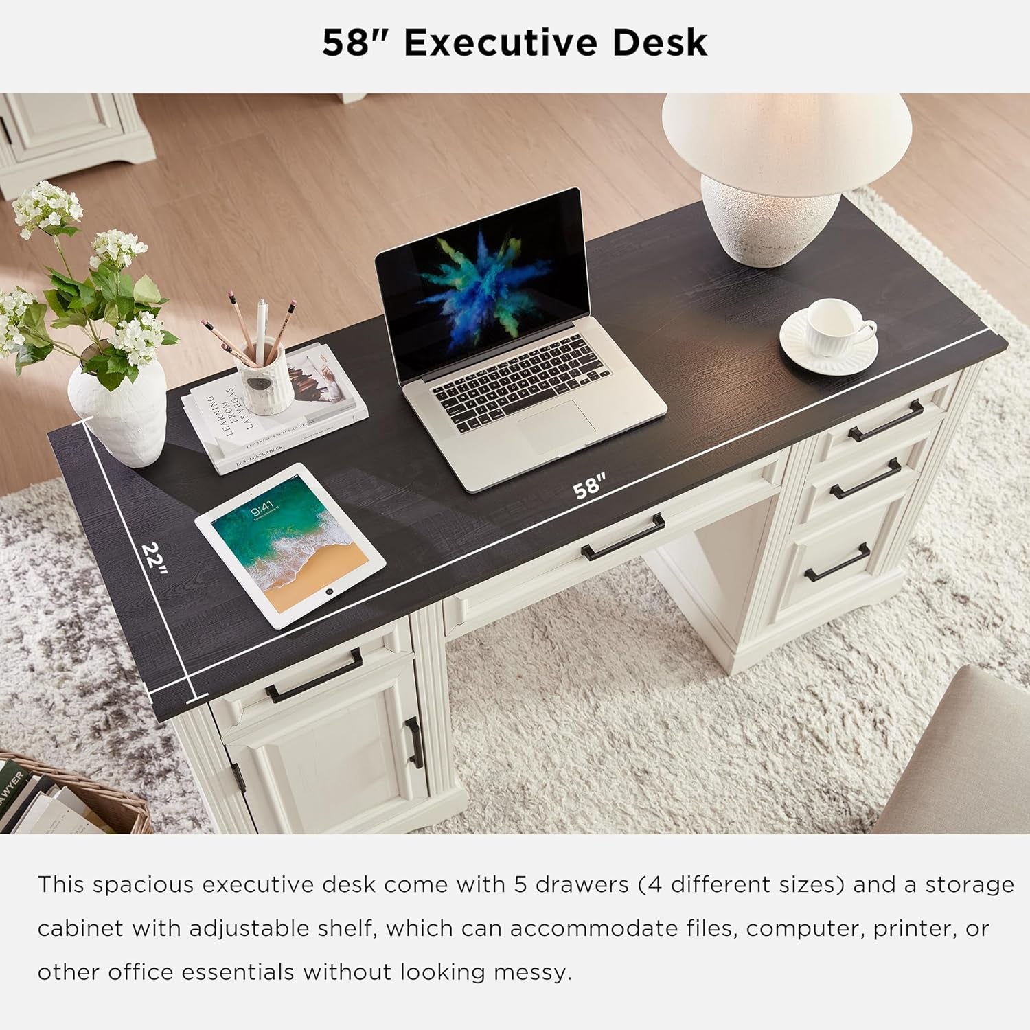 Farmhouse 58" Executive Desk, Computer Desk with Drawers and Storage Cabinet, Workstation for Office Home, off White