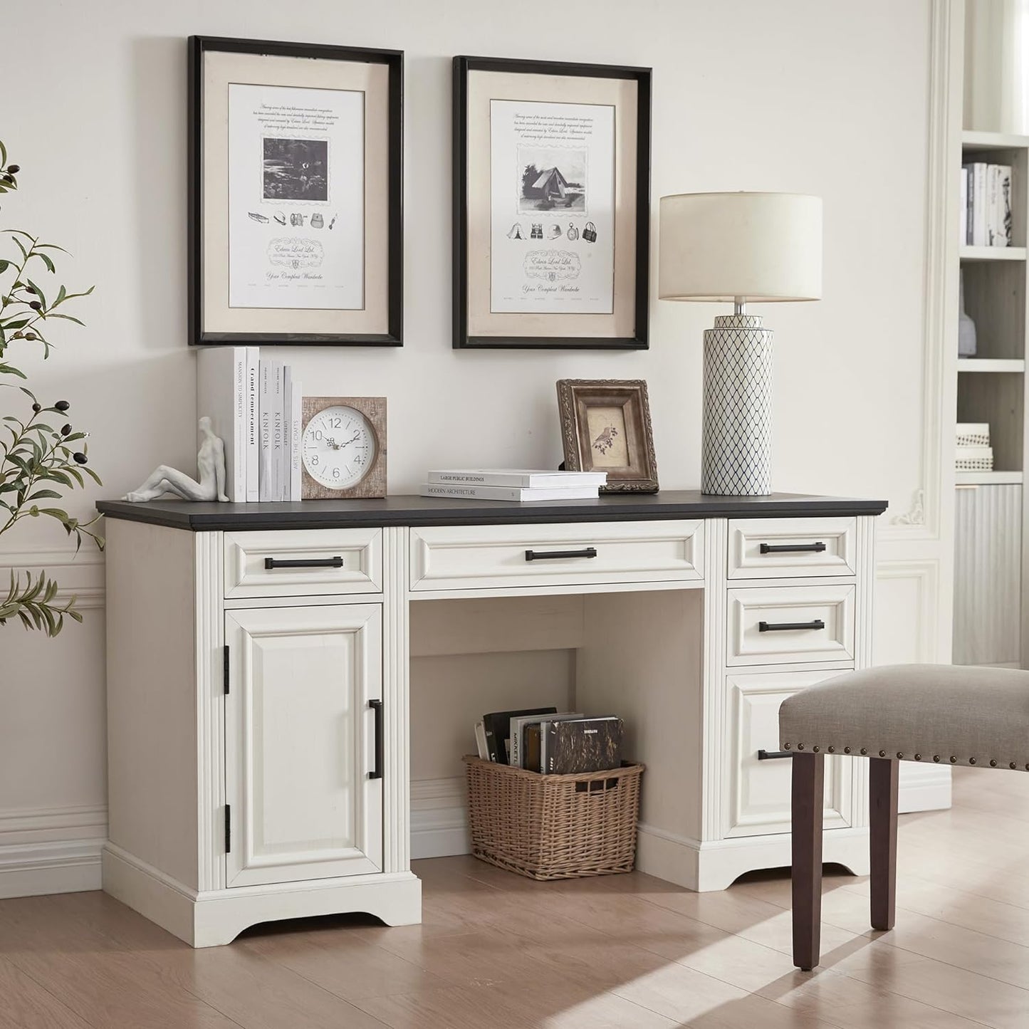Farmhouse 58" Executive Desk, Computer Desk with Drawers and Storage Cabinet, Workstation for Office Home, off White