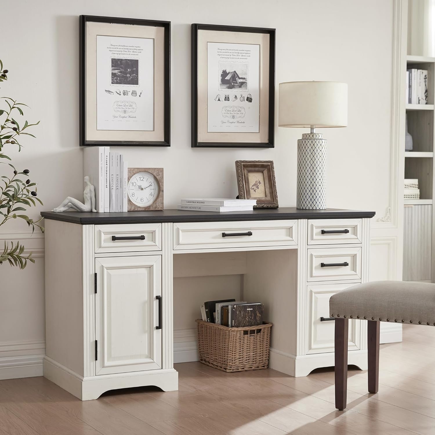 Farmhouse 58" Executive Desk, Computer Desk with Drawers and Storage Cabinet, Workstation for Office Home, off White