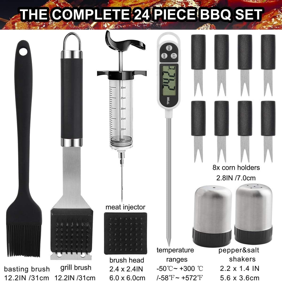 24PCS BBQ Grill Tools Set with Meat Thermometer and Injector - Extra Thick Stainless Steel Fork, Spatula& Tongs - Complete BBQ Accessories in Aluminum Case - Perfect Grill Gifts for Men