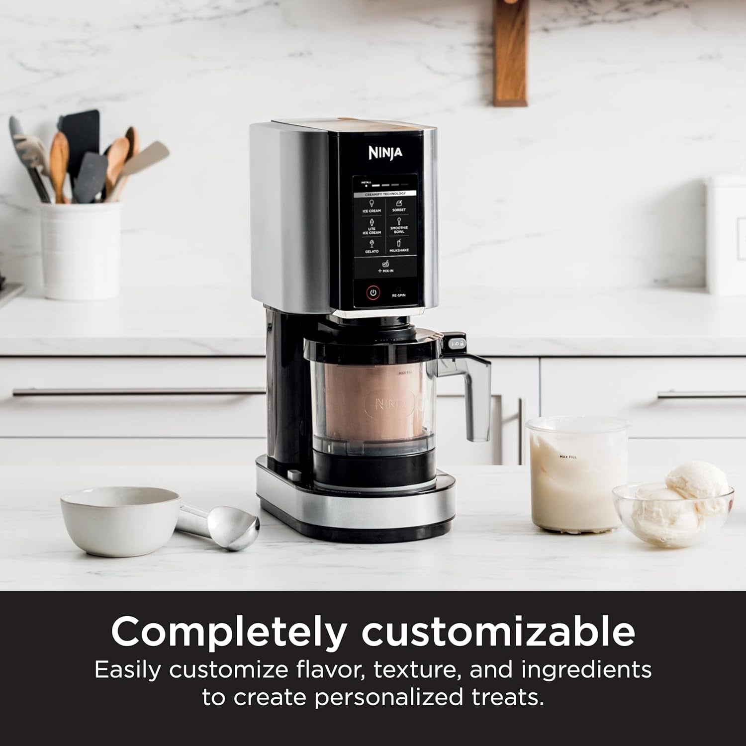 NC301 Creami Ice Cream Maker, for Gelato, Mix-Ins, Milkshakes, Sorbet, Smoothie Bowls & More, 7 One-Touch Programs, with (2) Pint Containers & Lids, Compact Size, Perfect for Kids, Silver