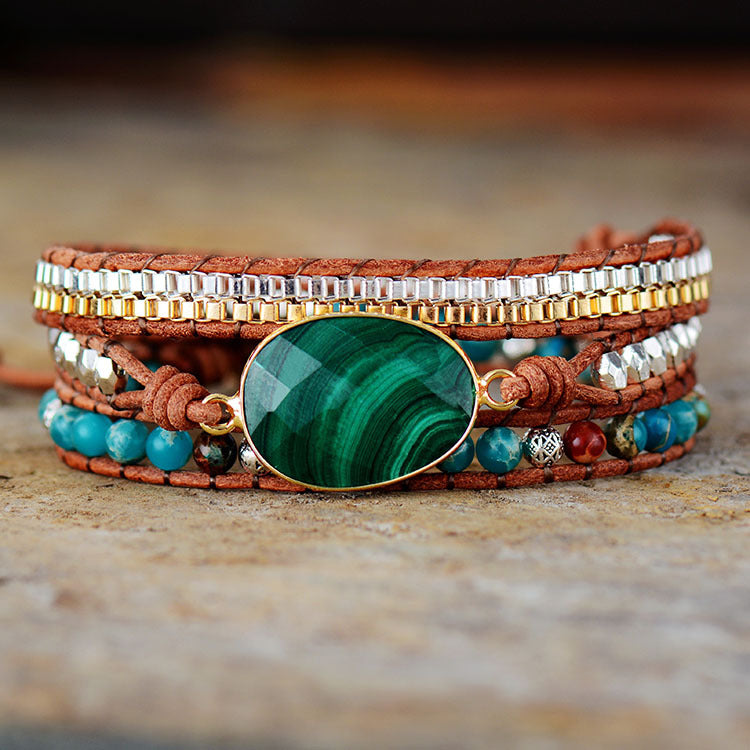 Natural Malachite 3 Circles Winding Leather Chain Bracelet Fashion Jewelry