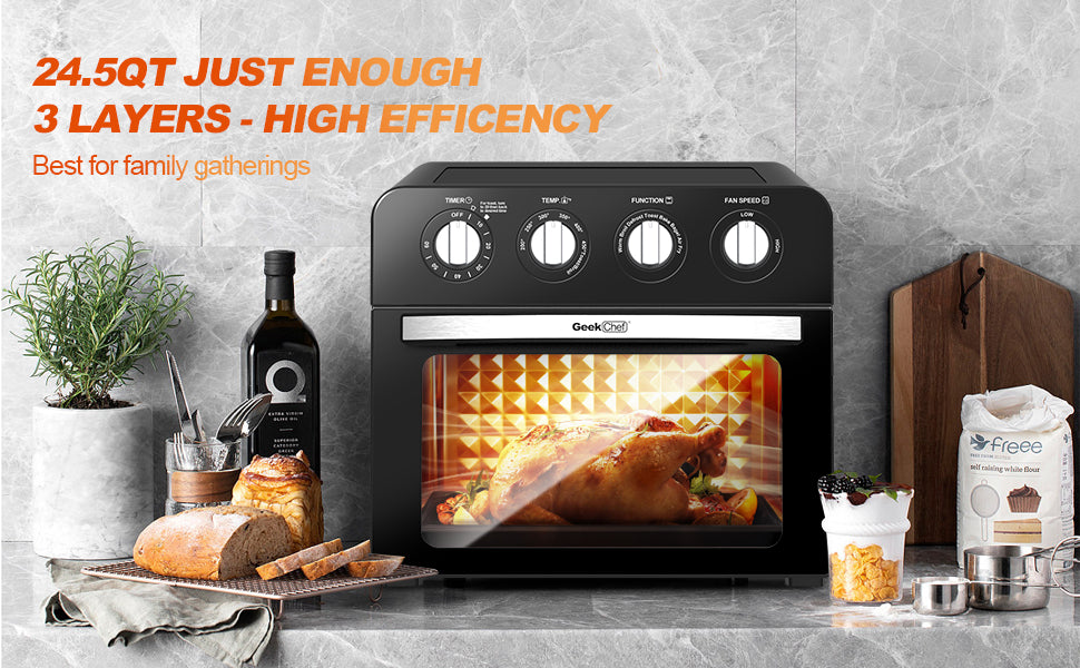 Geek Chef Air Fryer, 7-in-1 Air Fryer Oven, 6 Slice 24.5QT Air Fryer Toaster Oven Combo, Roast, Bake, Broil, Reheat, Fry Oil-Free, Extra Large Convection Countertop Oven,Stainless Steel, Ban On Amazon
