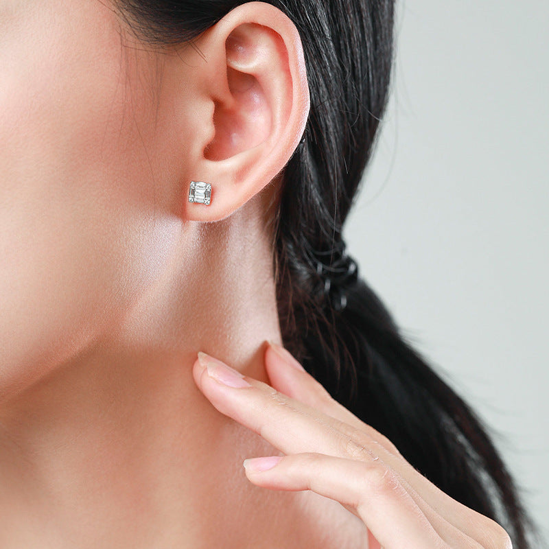 S925 Sterling Silver Light Luxury And High-end Square Full-set Earrings
