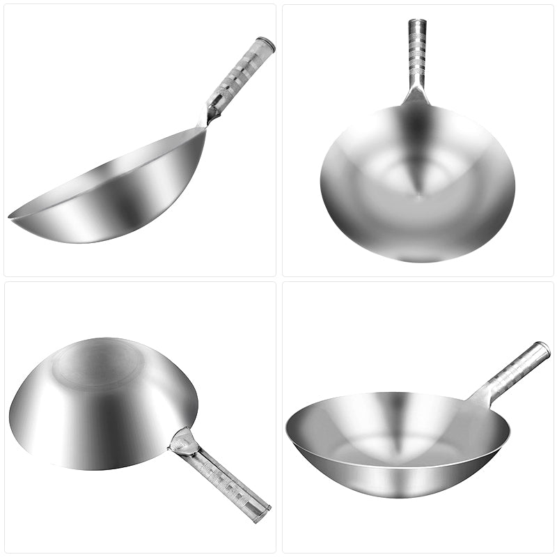 Thickened Non-Stick Canteen Restaurant Household Pointed Bottom Concave Induction Cooker Round Bottom Uncoated Stainless Steel Wok