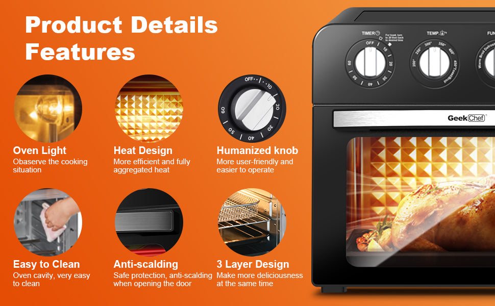 Geek Chef Air Fryer, 7-in-1 Air Fryer Oven, 6 Slice 24.5QT Air Fryer Toaster Oven Combo, Roast, Bake, Broil, Reheat, Fry Oil-Free, Extra Large Convection Countertop Oven,Stainless Steel, Ban On Amazon