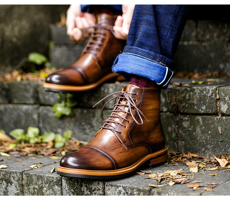 High-top lace-up men's casual leather boots