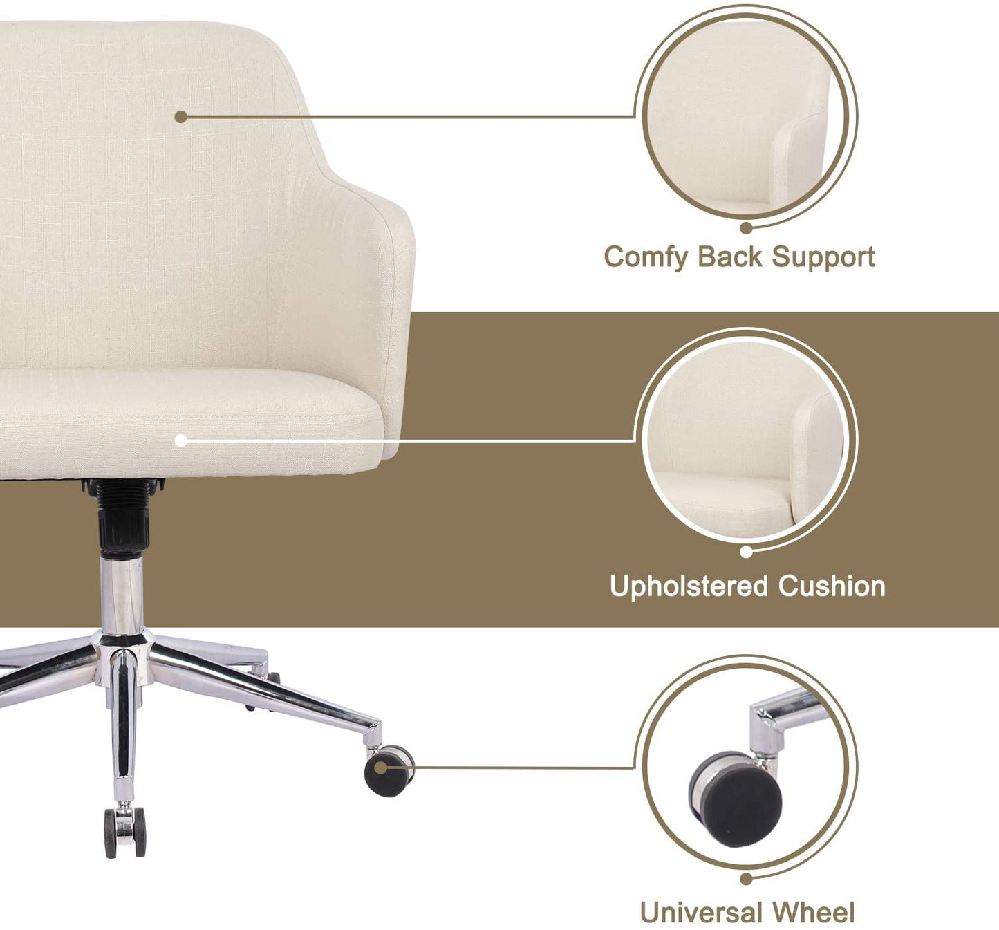 Home Office Chair Upholstered Mid Back Support Swivel Computer Desk Task Chairs Adjustable Height with Armrests