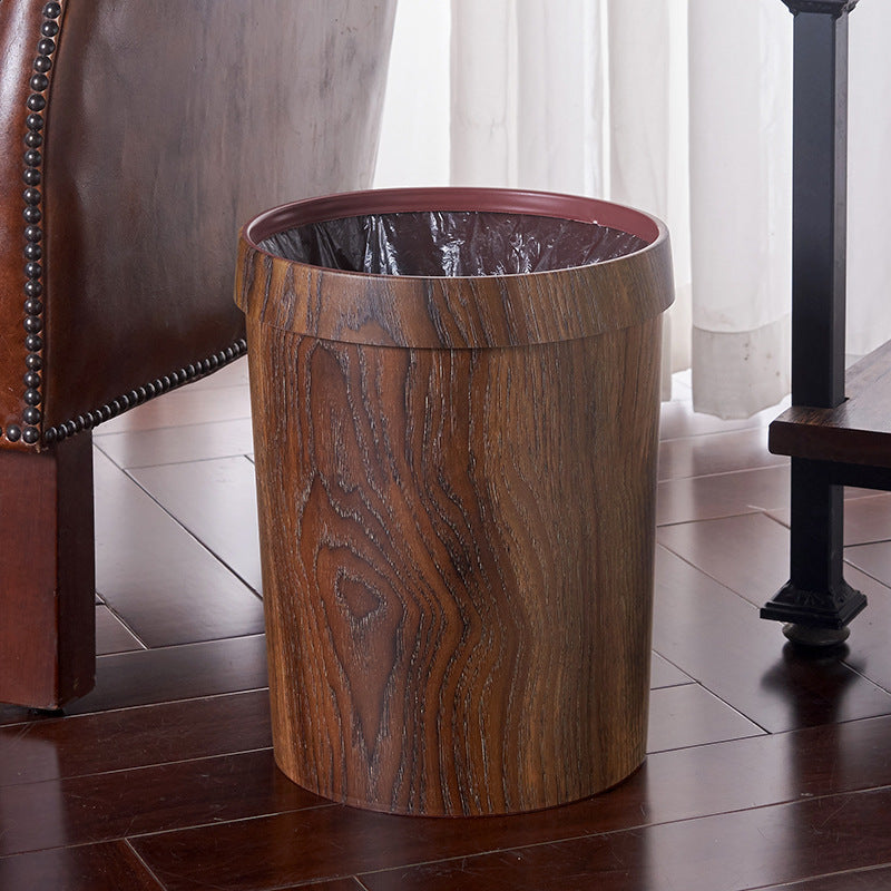 Household Fashion Retro Round Wood Grain Trash Can
