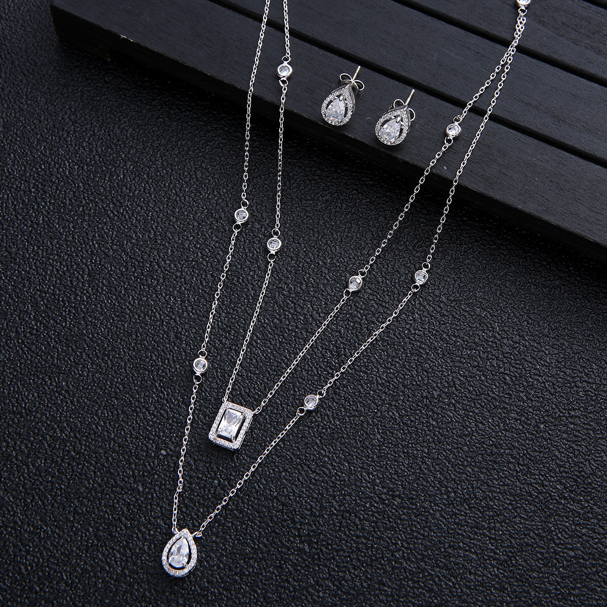 Zircon Double Drop Earrings Necklace Bridal Set