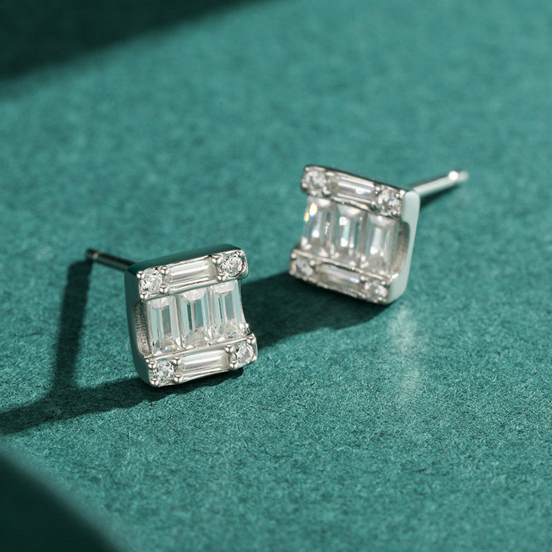S925 Sterling Silver Light Luxury And High-end Square Full-set Earrings