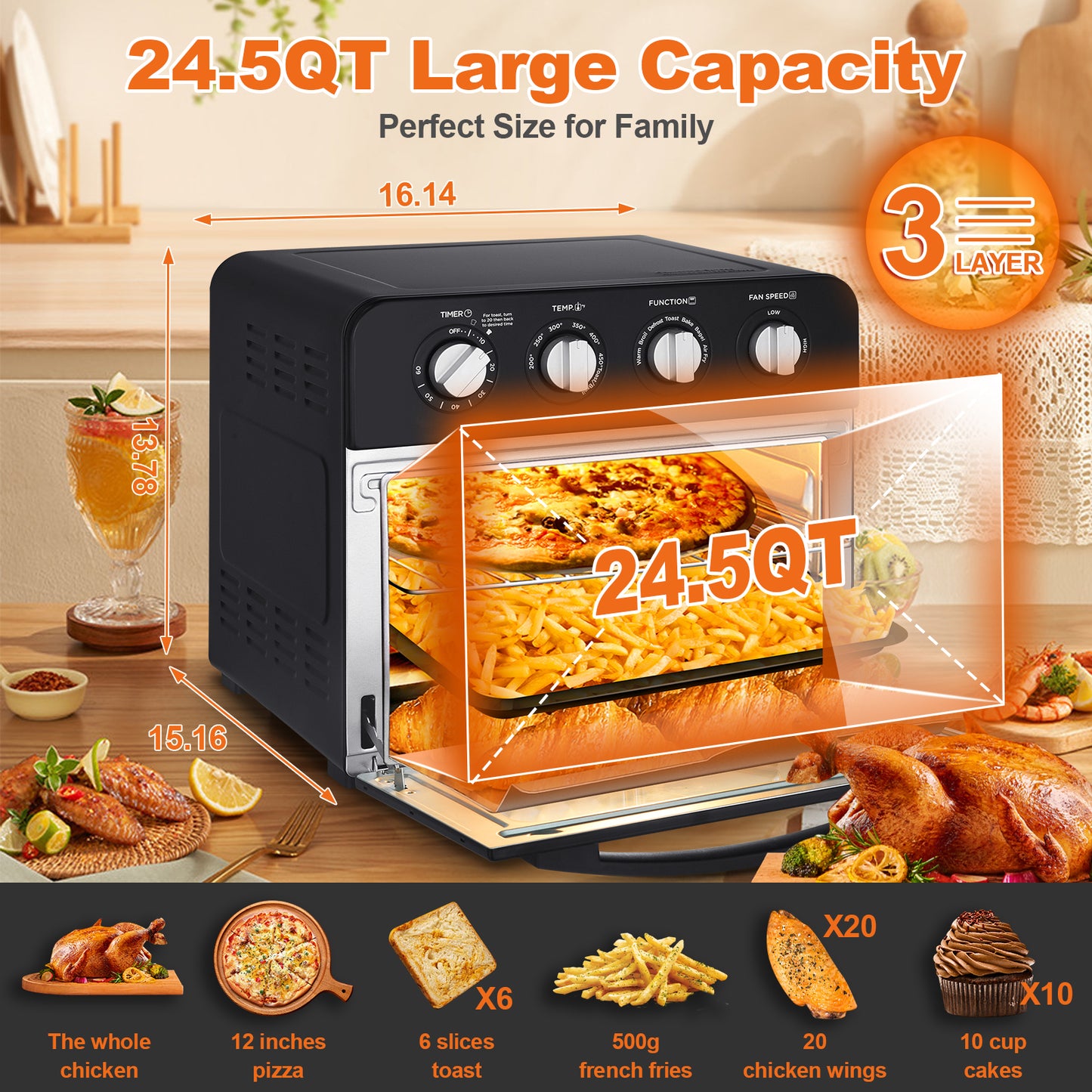 Geek Chef Air Fryer, 7-in-1 Air Fryer Oven, 6 Slice 24.5QT Air Fryer Toaster Oven Combo, Roast, Bake, Broil, Reheat, Fry Oil-Free, Extra Large Convection Countertop Oven,Stainless Steel, Ban On Amazon